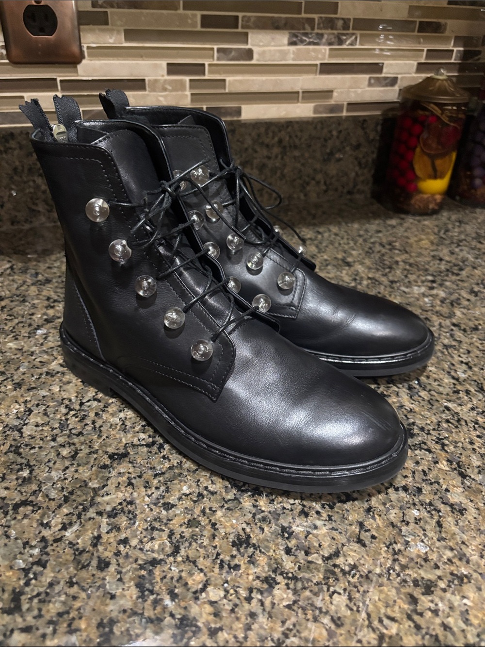 AGL Attilio Guisti Leombruni Black Leather Lace-Up Ankle Boots with Silver Studs
